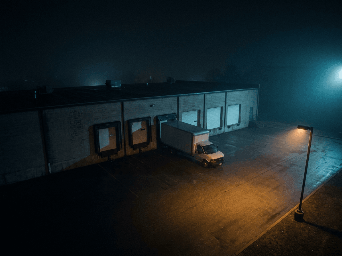 Surveillance still from CAM-04 showing a loading dock at night
