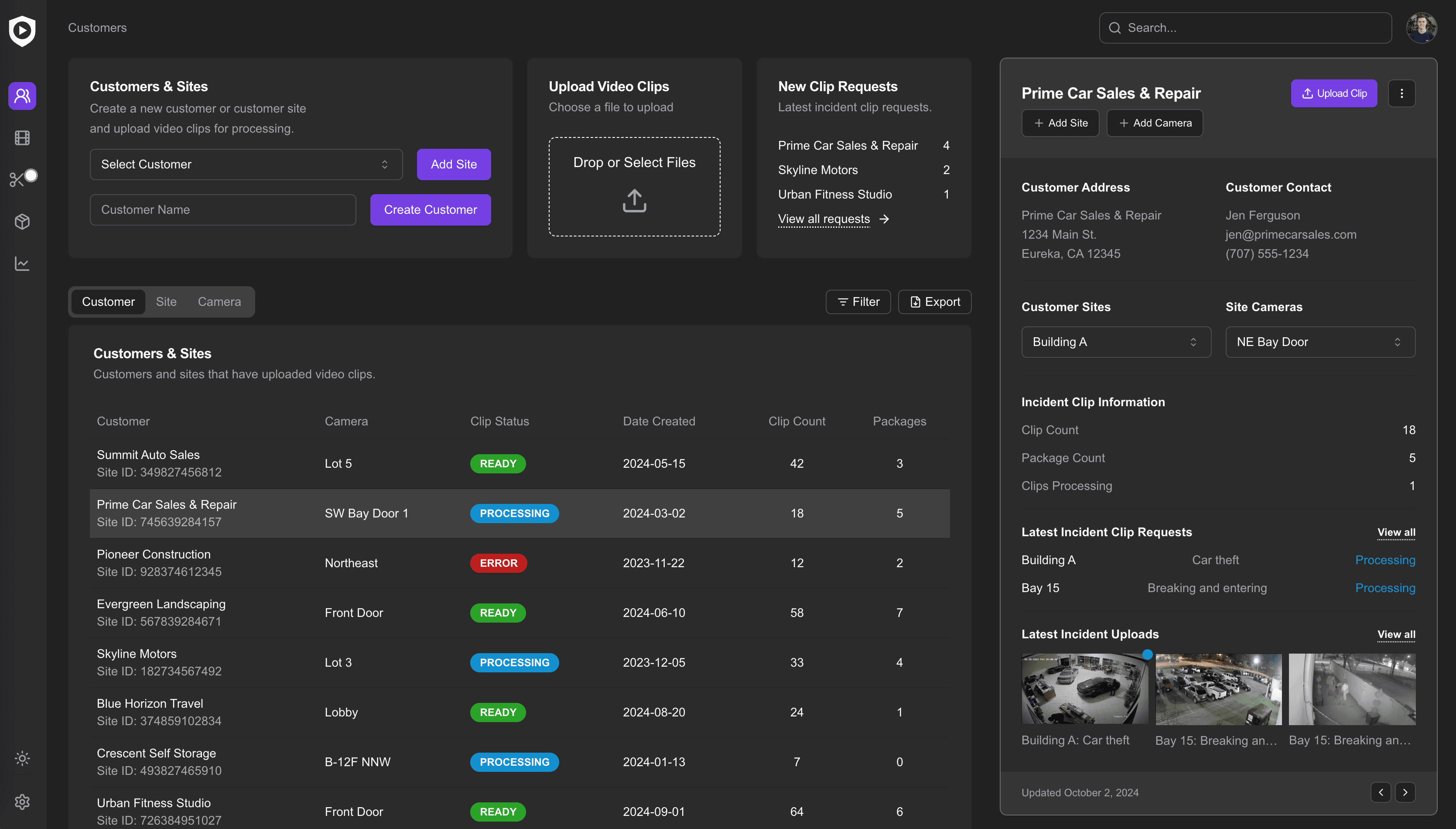 Incident Clips dashboard with customer sites and incident clips in one place